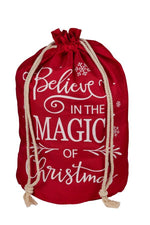 Red Santa gift sack with "Believe in the magic of Christmas" white lettering