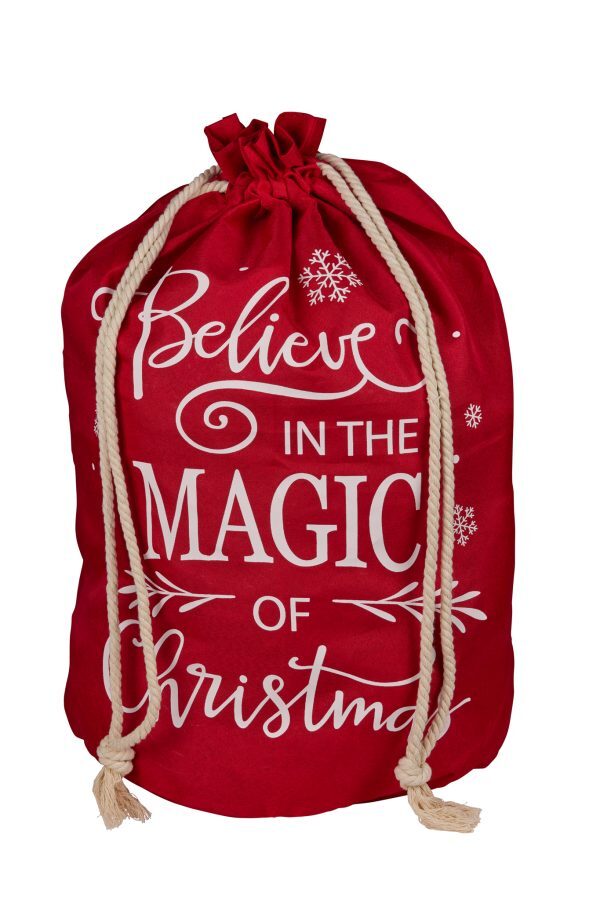 Red Santa gift sack with "Believe in the magic of Christmas" white lettering