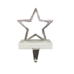 Star ornament attached to block with hook to hang Christmas stockings from