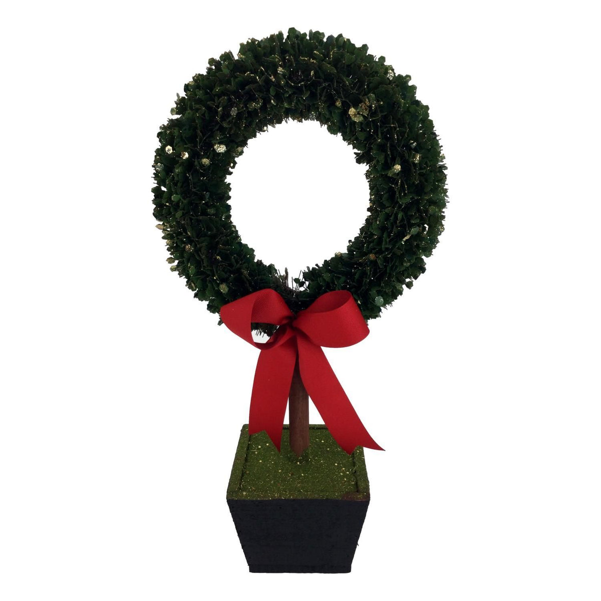 Decorative topiary wreath with cubic base and red bow