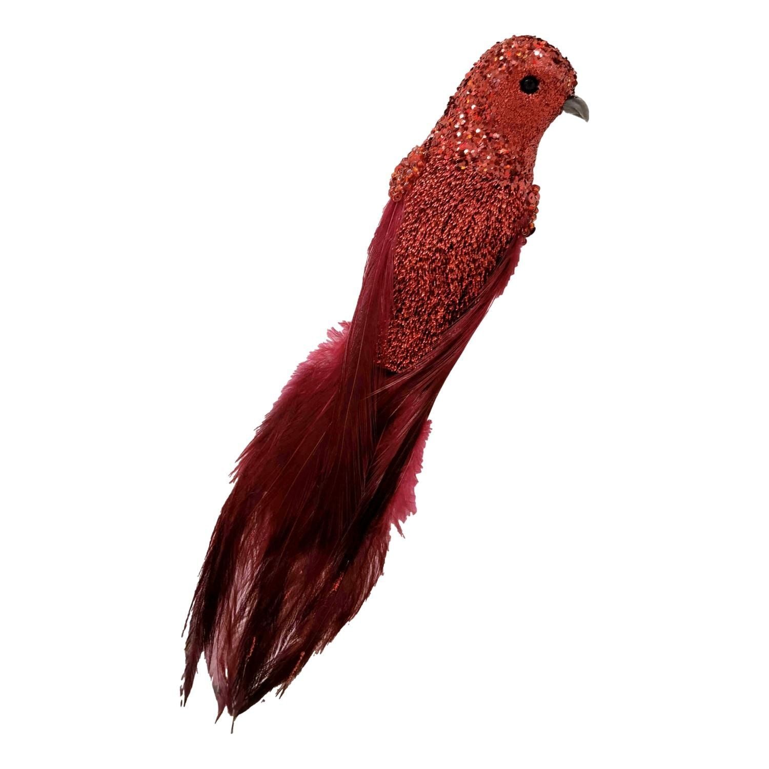 Red glitter clip-on decorative bird with feather tail