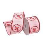 Pink ribbon with "Joy" candy cane lettering and wire embedded in the edges for easy shaping