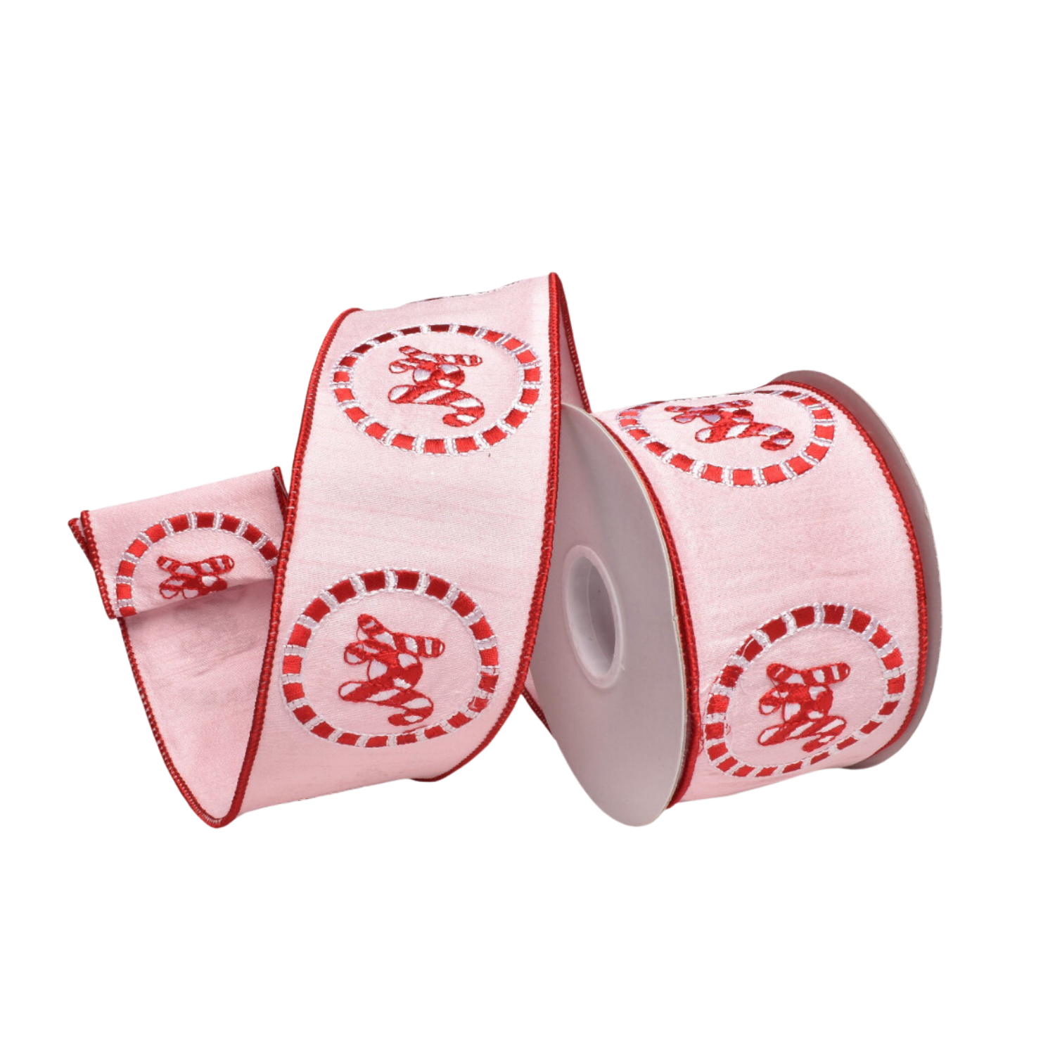 Pink ribbon with "Joy" candy cane lettering and wire embedded in the edges for easy shaping