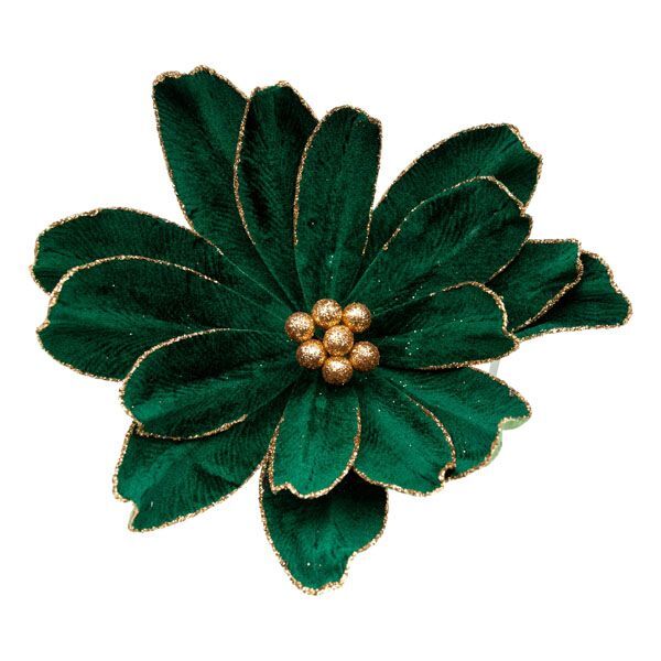 Decorative velvet green flower with gold glitter centre and edge detailing
