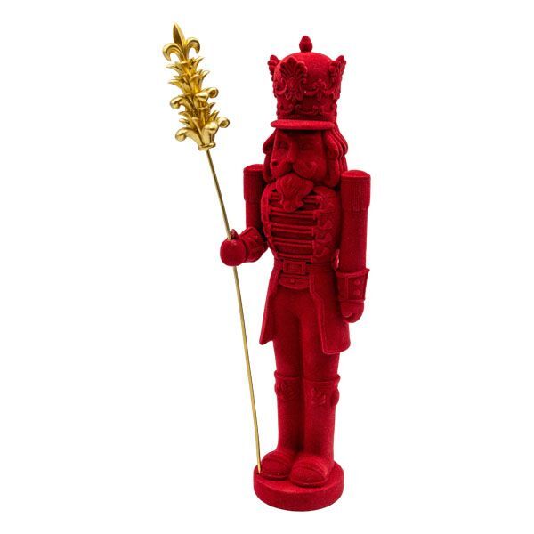 40cm decorative nutcracker with red flocked exterior, holding gold staff