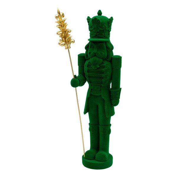 Decorative 40cm nutcracker with green flocked exterior and holds a gold staff