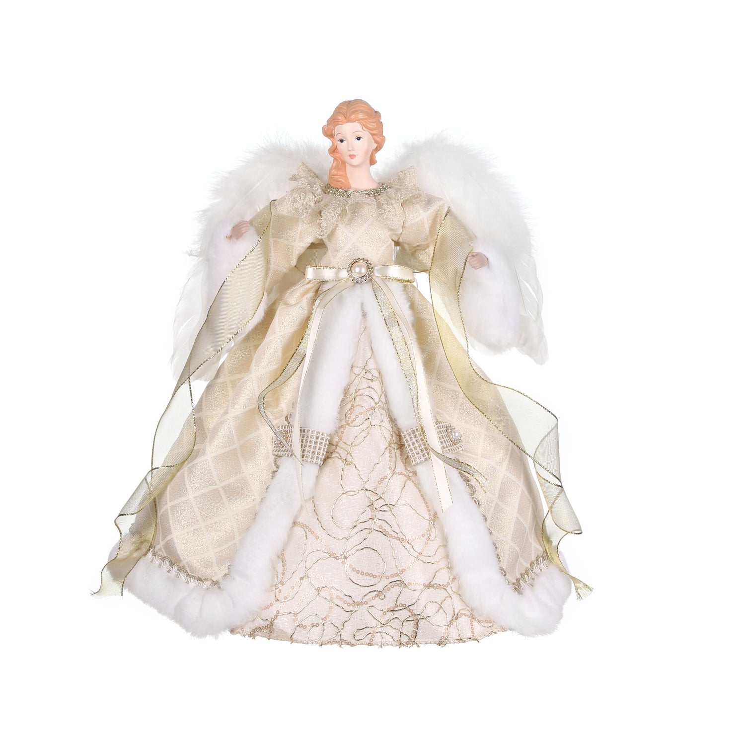 Christmas angel tree topper, with fluffy white wings and white trim on a gorgeous champagne dress