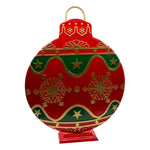Ornament shaped like a bauble with red and green features and gold accents