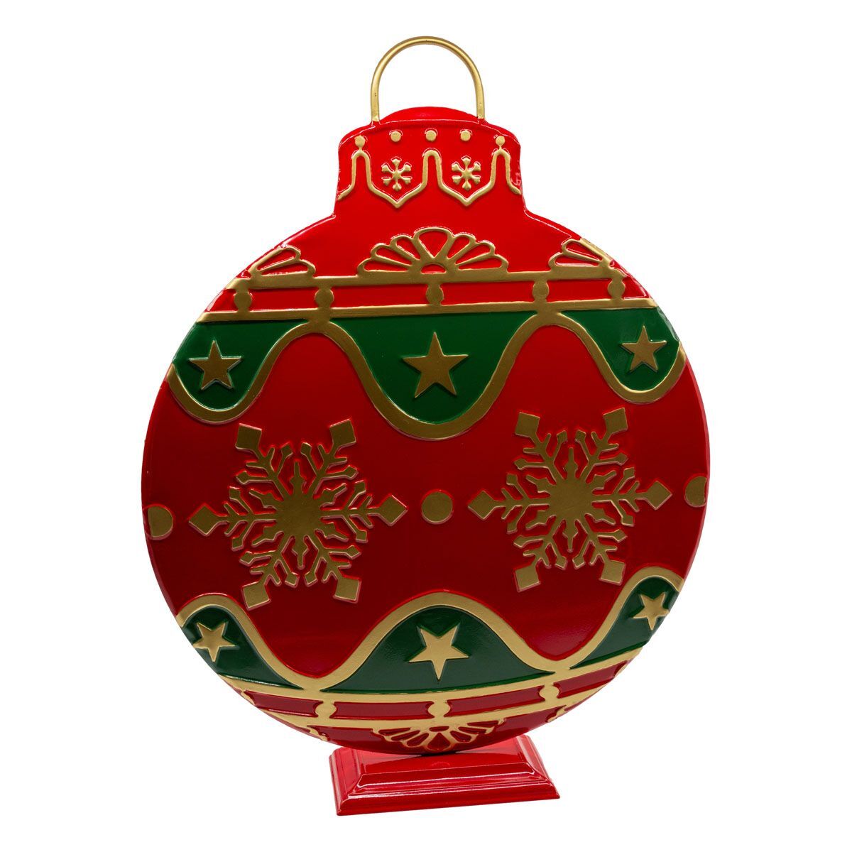 Ornament shaped like a bauble with red and green features and gold accents