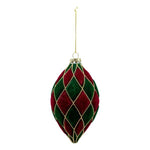 Red and green harlequin pattern flocked teardrop bauble