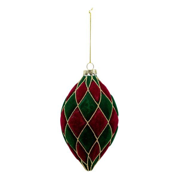 Red and green harlequin pattern flocked teardrop bauble