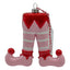 Pink elf legs hanging ornament with white stripes and red accents
