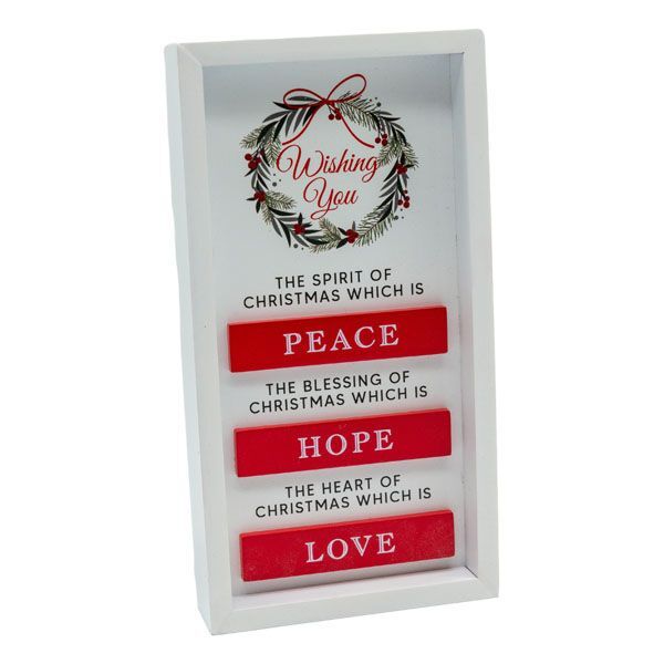 White plaque with red accent words, depicting a festive message of love