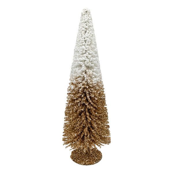 Tabletop Christmas tree decoration with white to gold ombre creating a snowcapped feel