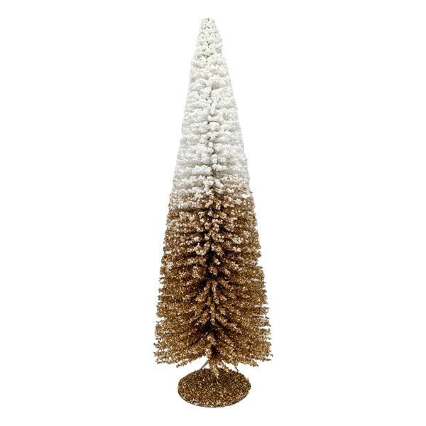 Tabletop Christmas tree decoration with white to gold ombre creating a snowcapped feel