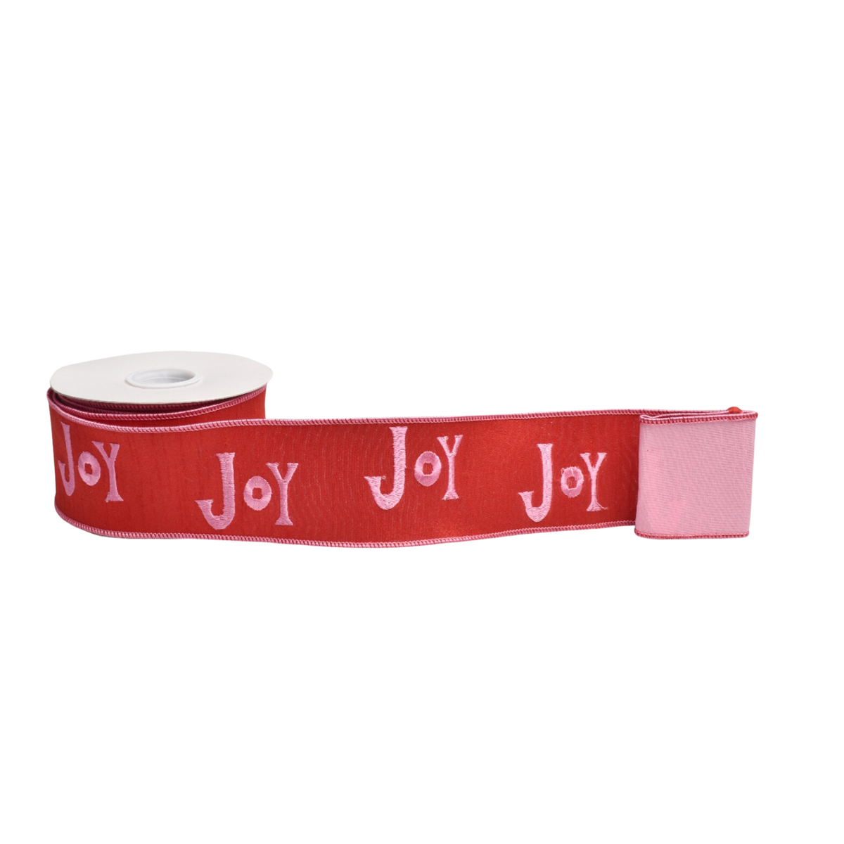 Red ribbon with pink "Joy" embroidered