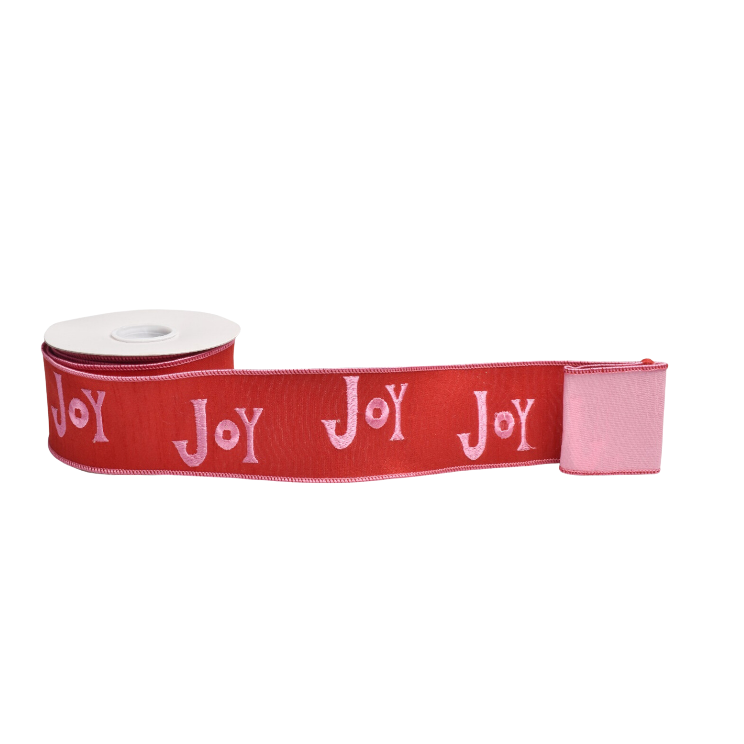 Red ribbon with pink "Joy" embroidered