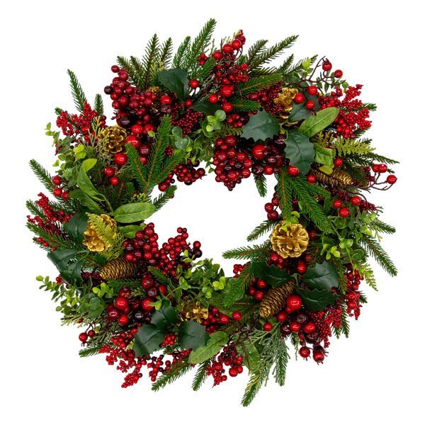 Wreath with Red Berries and Gold Pinecone 55cm