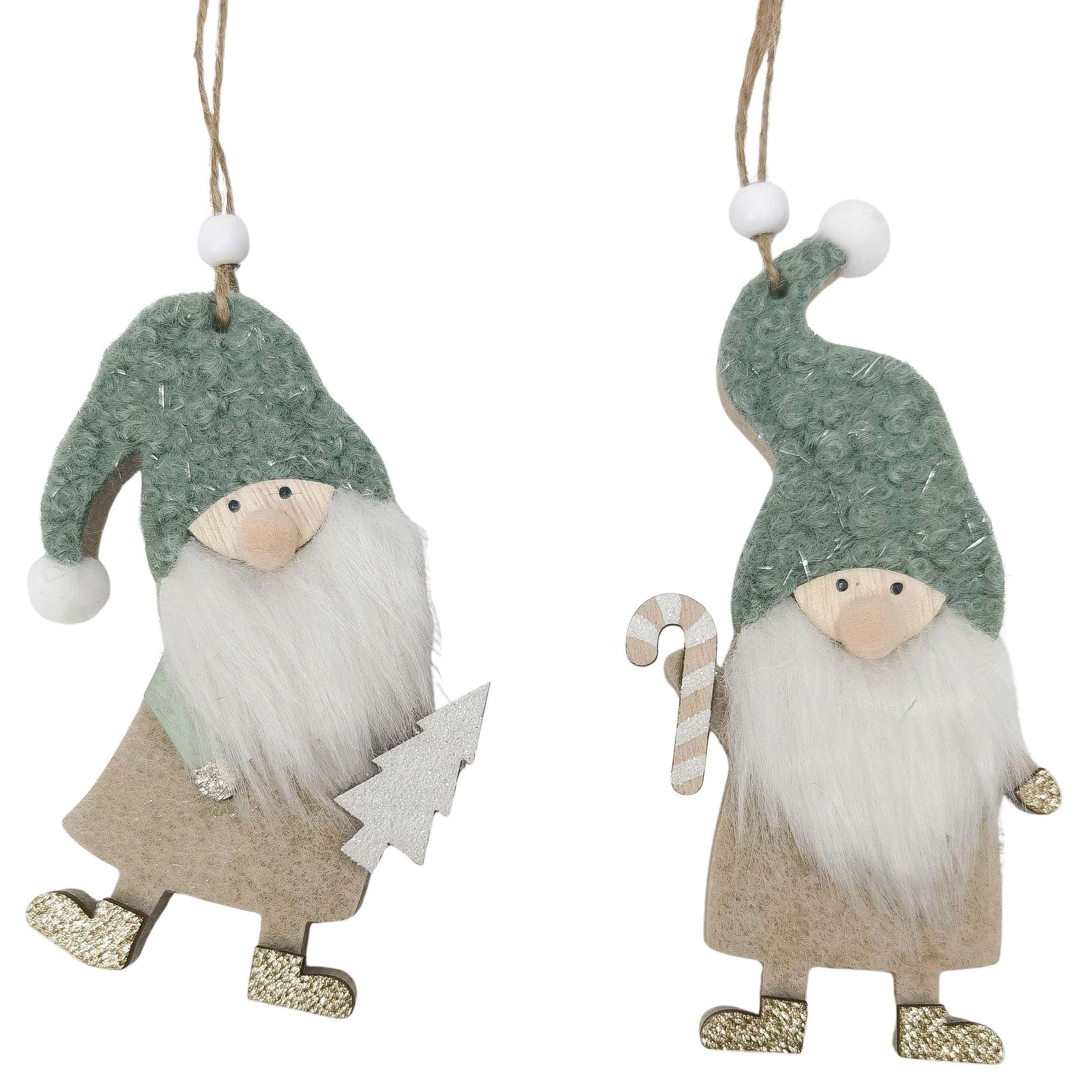 Natural Santa with green hat hanging ornament, either holding tree or candy cane