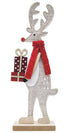 Reindeer wooden standing ornament with red scarf and presents