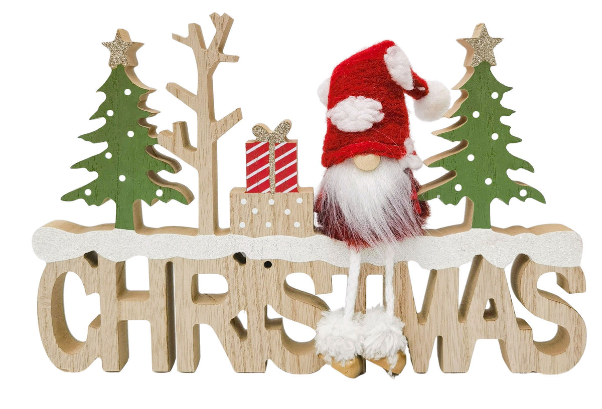 "Christmas" wooden sign with attached gnome