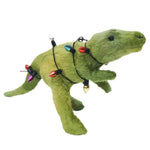 Green Tyrannosaurus Rex hanging ornament, wrapped in fake christmas lights