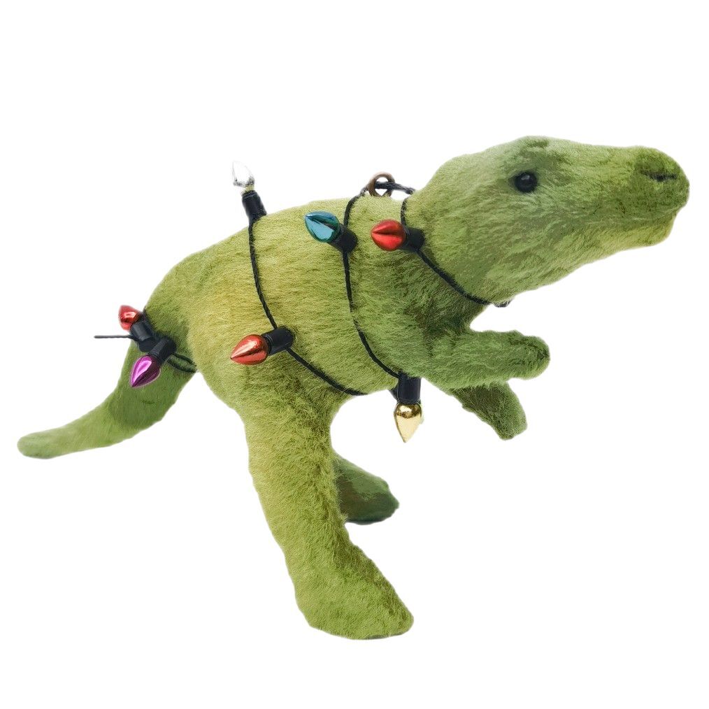 Green Tyrannosaurus Rex hanging ornament, wrapped in fake christmas lights