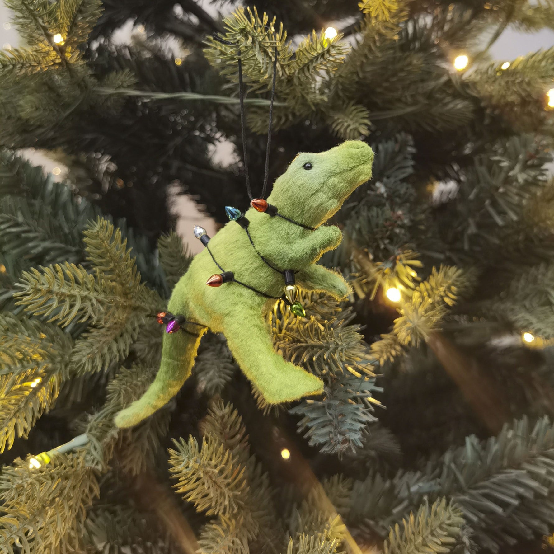 Green Dinosaur Wrapped in Lights Hanging Decoration 14cm - Christmas Decorations Brisbane