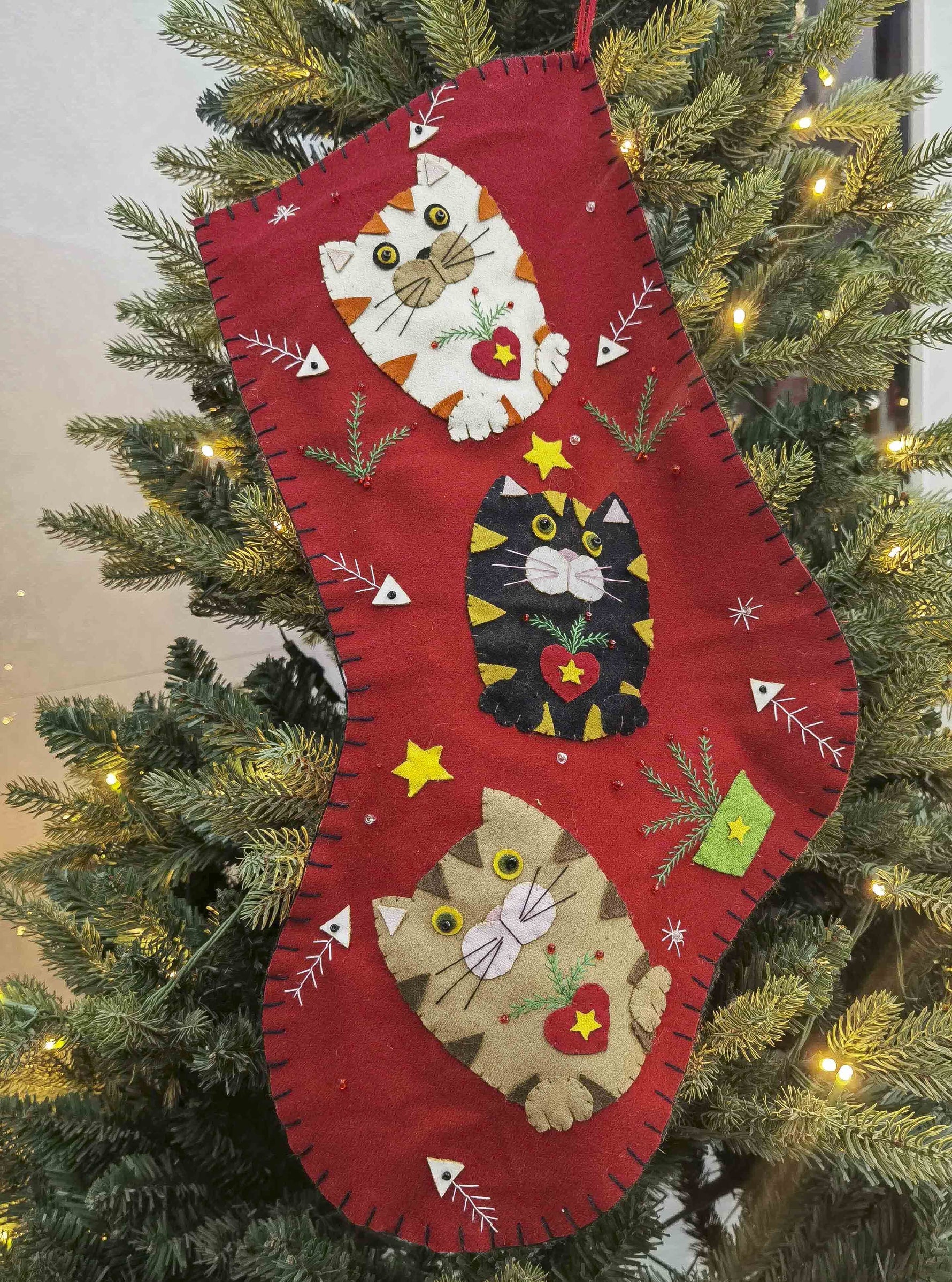 Stocking Cat Fabric Red 45cm - Christmas Decorations Brisbane
